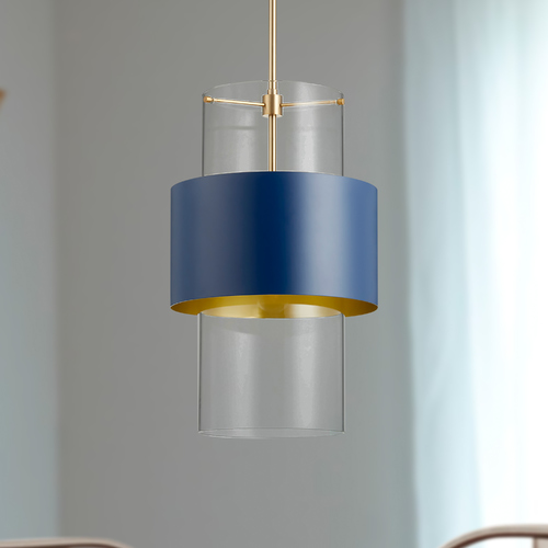 Quorum Lighting Aged Brass & Blue Pendant with Cylindrical Shade by Quorum Lighting 8013-3280