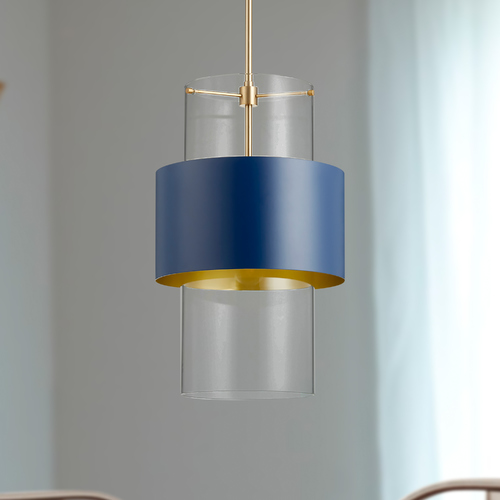Aged Brass & Blue Pendant with Cylindrical Shade by Quorum Lighting