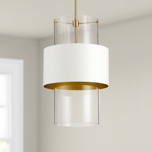 Aged Brass & Studio White Pendant with Cylindrical Shade by Quorum Lighting