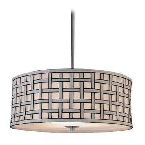 Contemporary Drum Shade Pendant Light with Criss-Cross Patterned Shade