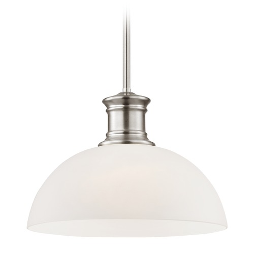 Satin Nickel Pendant Light with White Glass 13-Inch Wide