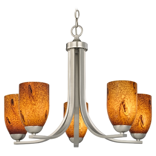 Chandelier with Brown Art Glass in Satin Nickel Finish