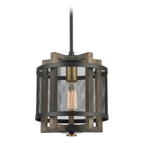 Elk Lighting Elk Lighting Woodbridge Matte Black, Weathered Oak, Aged Brass Pendant Light with Drum Shade 16546/1