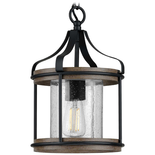 Progress Lighting Brenham Matte Black & Weathered Gray Faux Wood Outdoor Hanging Light