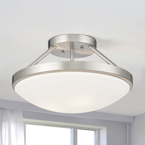 Hye 15-Inch Semi-Flush Mount in Satin Nickel with White Glass