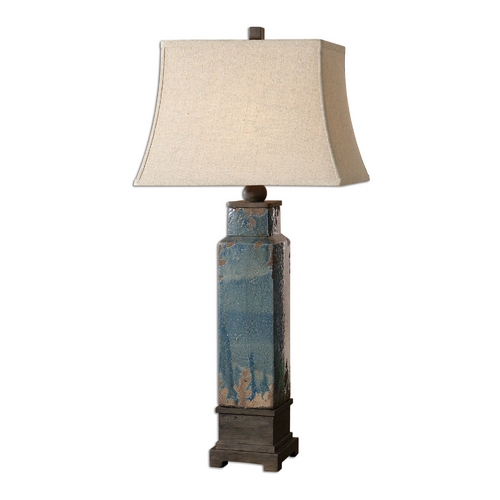 Uttermost Lighting Table Lamp with Beige / Cream Shade in Distressed Blue Glaze Finish 26833