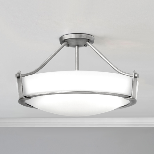 Modern Semi-Flushmount Light with White Glass in Antique Nickel by Hinkley Lighting