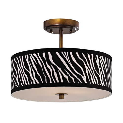 Zebra Print Ceiling Light with Drum Shade in Bronze - 14 Inches Wide