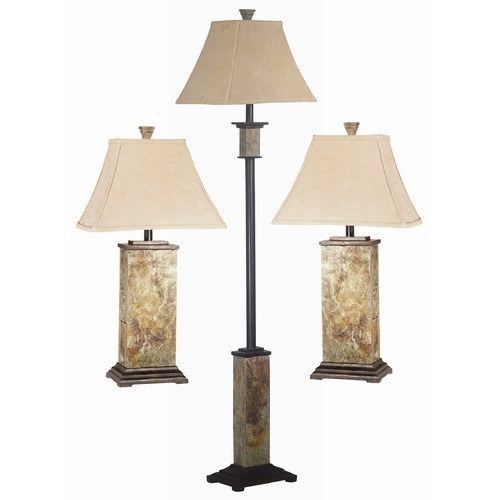 Kenroy Home Lighting Table and Floor Lamp Set with Beige / Cream Shade in Slate Finish 31207