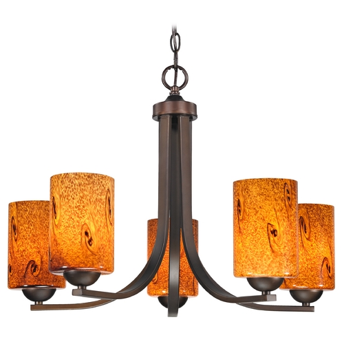 Modern Chandelier with Brown Art Glass in Bronze Finish