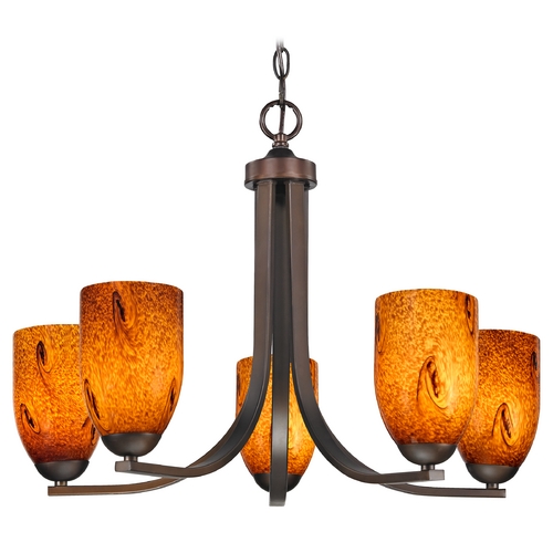Modern Chandelier with Brown Art Glass in Bronze Finish