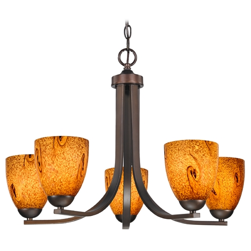 Modern Chandelier with Brown Art Glass in Bronze Finish