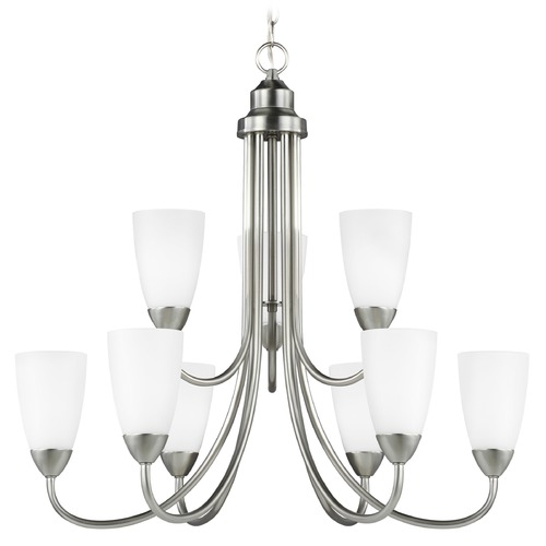 Generation Lighting Seville Brushed Nickel 9 Light Two-Tier Chandelier with Tapered Etched White Glass 3120209-962