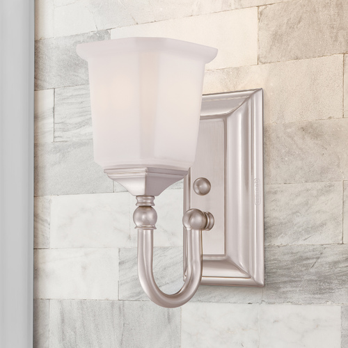 Quoizel Lighting Sconce Wall Light with White Glass in Brushed Nickel Finish NL8601BN