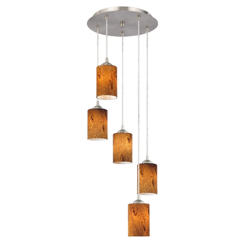 Modern Multi-Light Pendant with Cylinder Art Glass and 5-Lights