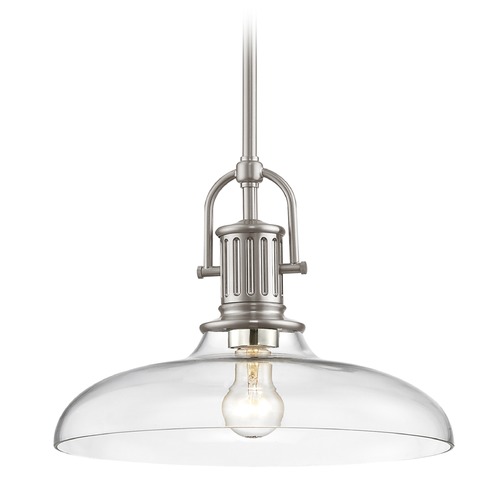 Design Classics Lighting Industrial Satin Nickel Pendant Light with Clear Glass 14-Inch Wide 1764-09 G1784-CL