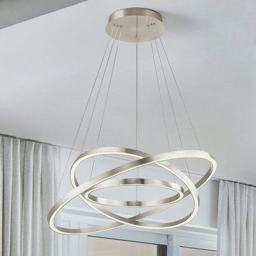 Modern 32-Inch Triple Ring LED Pendant Light Satin Nickel Finish