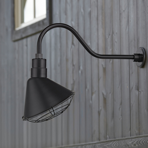 Black Gooseneck Barn Light with 12-Inch Caged Scoop Shade