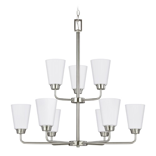 Kerrville 9-Light Brushed Nickel Chandelier With Etched Glass by Generation Lighting