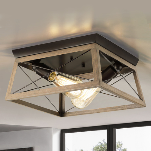 Briarwood Antique Bronze with Faux-Painted Wood Flush Mount by Progress Lighting