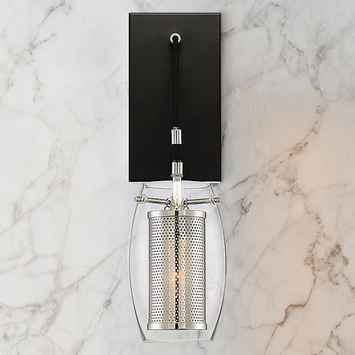 Savoy House Dunbar Sconce in Black with Chrome Mesh Shade and Clear Outer Glass 9-9065-1-67