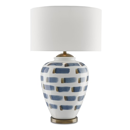 Currey and Company Brushstroke White/blue/antique Brass Table Lamp with Drum Shade