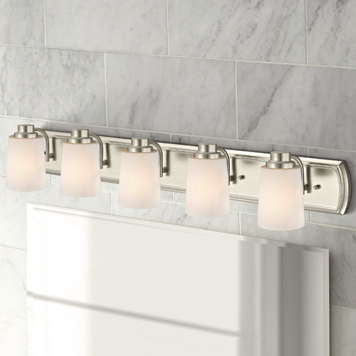 5-Light Bath Bar in Satin Nickel with White Glass