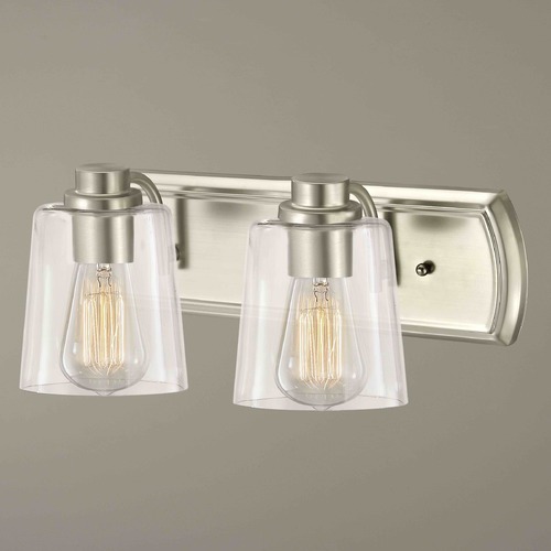 Transitional 2-Light Bathroom Light with Clear Glass in Satin Nickel