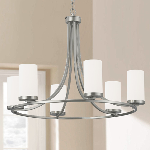 White Glass Chandelier Satin Nickel 6-Lt