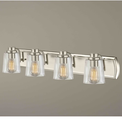 Design Classics Lighting Industrial 4-Light Bathroom Light with Clear Glass in Satin Nickel 1204-09 GL1027-CLR