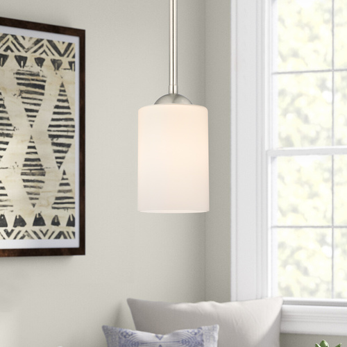 Satin Nickel Mini-Pendant Light with Satin White Cylinder Glass