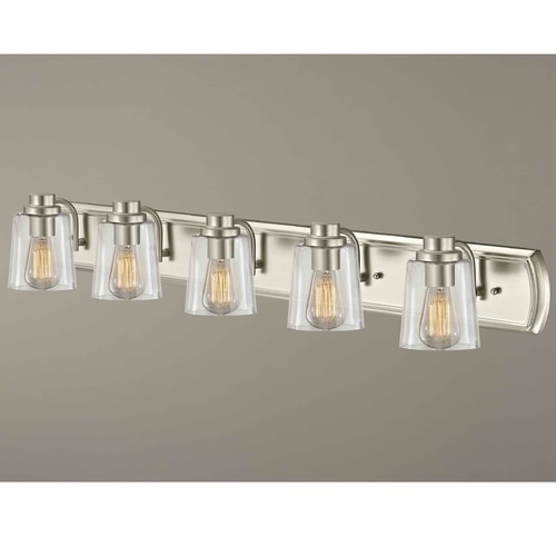 Transitional 5-Light Bathroom Light with Clear Glass in Satin Nickel