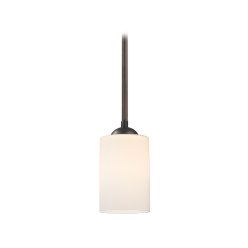 Mini-Pendant Light with Satin White Cylinder Glass Shade in Bronze