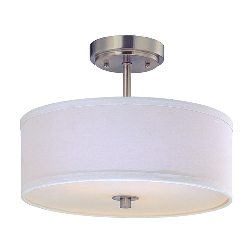 Semi-Flush Light with White Shade Satin in Nickel - 14 Inches Wide