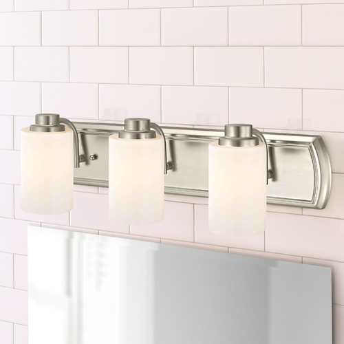 Design Classics Lighting 3-Light Bathroom Light in Satin Nickel and Satin White Glass 1203-09 GL1028C