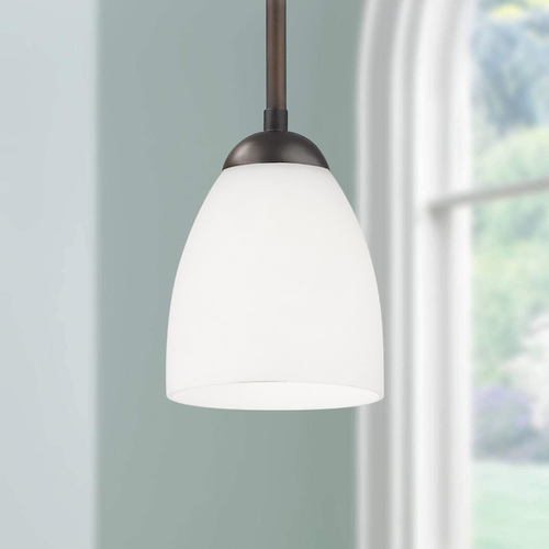 Design Classics Lighting Bronze Mini-Pendant Light with Satin White Bell Glass Shade 581-220 GL1028MB