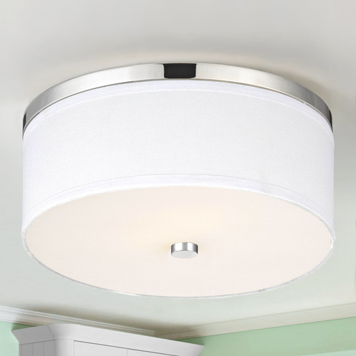 15-Inch Polished Chrome Flush Mount Ceiling Light with White Drum Shad