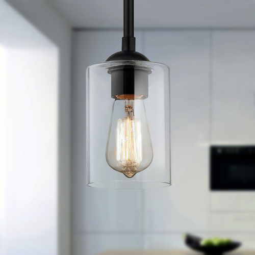 Design Classics Lighting Black Cylinder Clear Glass Mini Pendant 581-07 GL1040C