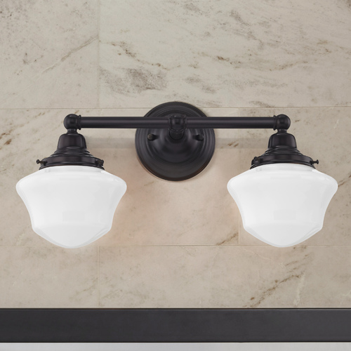 Design Classics Lighting Schoolhouse Bathroom Light Bronze White Opal Glass 2 Light 17 Inch Length WC2-220 GC6