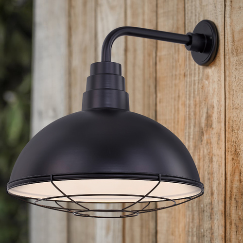 Black Gooseneck Barn Light with 16-Inch Caged Dome Shade