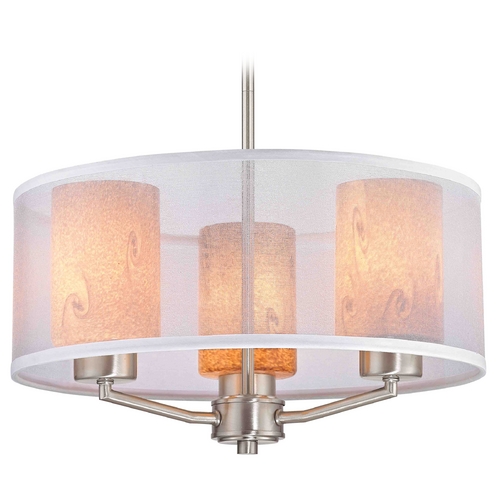 Organza Drum Pendant Light Satin Nickel with Art Glass 3-Light