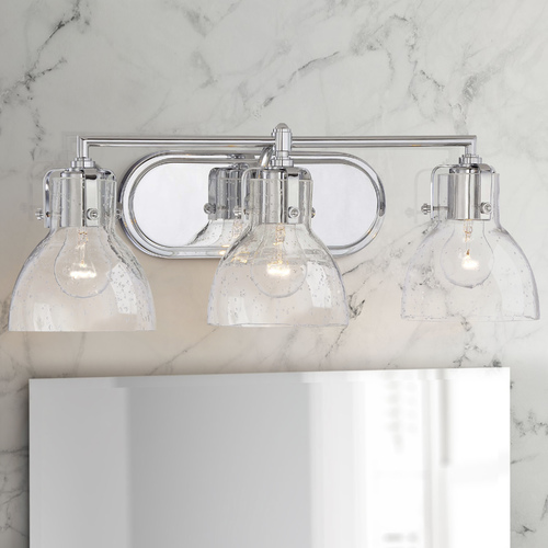 Industrial 3-Light Seeded Glass Bathroom Lighting in Chrome