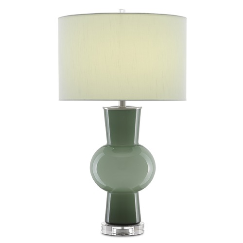 Currey and Company Duende Light and Dark Green / Polished Nickel / Clear Table Lamp with Drum Shade
