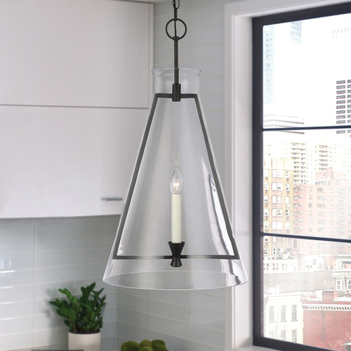 Visual Comfort Studio Collection Chapman & Meyers 16-Inch Keystone Aged Iron Pendant with Conical Clear Glass CP1091AI