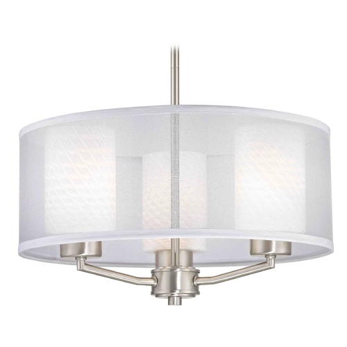 Organza Drum Pendant Light Satin Nickel with White Art Glass 3-Light