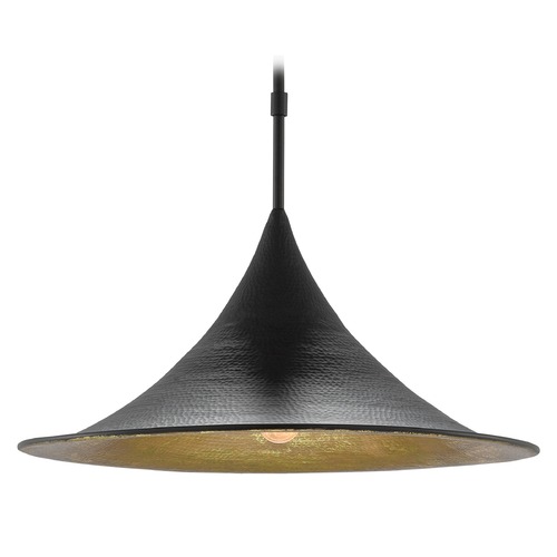 Currey and Company Aberfoyle Satin Black / Gold Leaf Pendant Light with Bell Shade