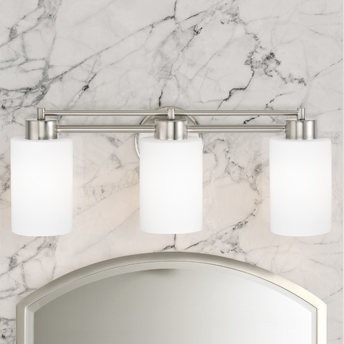 Modern Bathroom Light with White Glass in Satin Nickel Finish