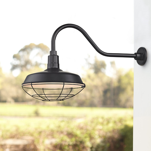 Black Gooseneck Barn Light with 14-Inch Caged Shade