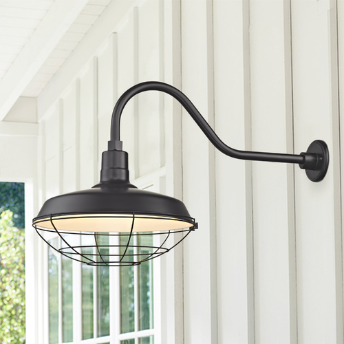 Black Gooseneck Barn Light with 16-Inch Caged Shade