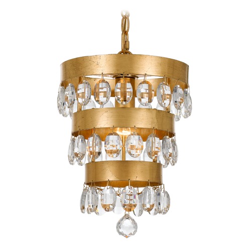 Perla 10-Inch Wide Tiered Pendant in Antique Gold with Clear Crystal